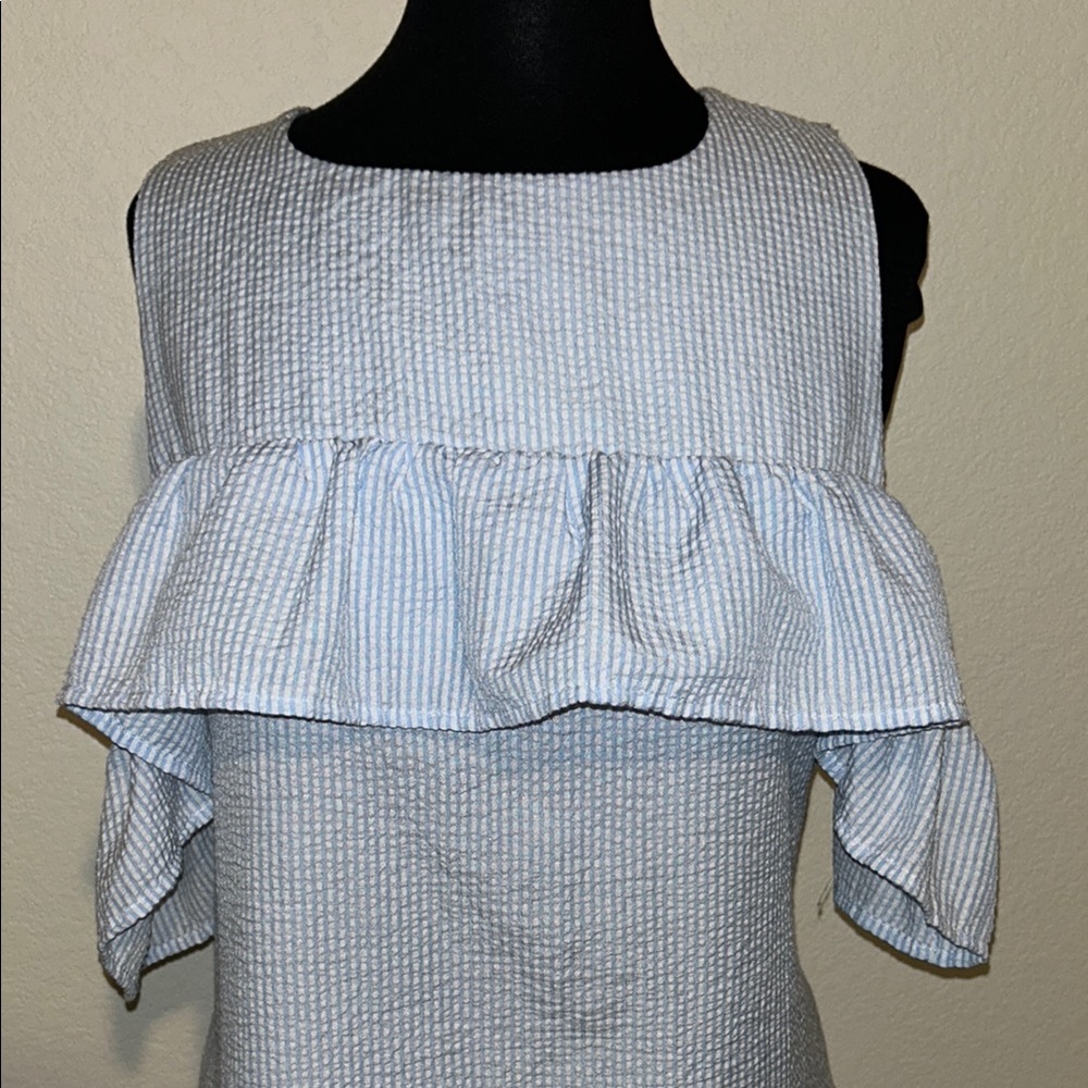 Blue Gingham Off-Shoulder Ruffle Dress - Picture 4 of 6